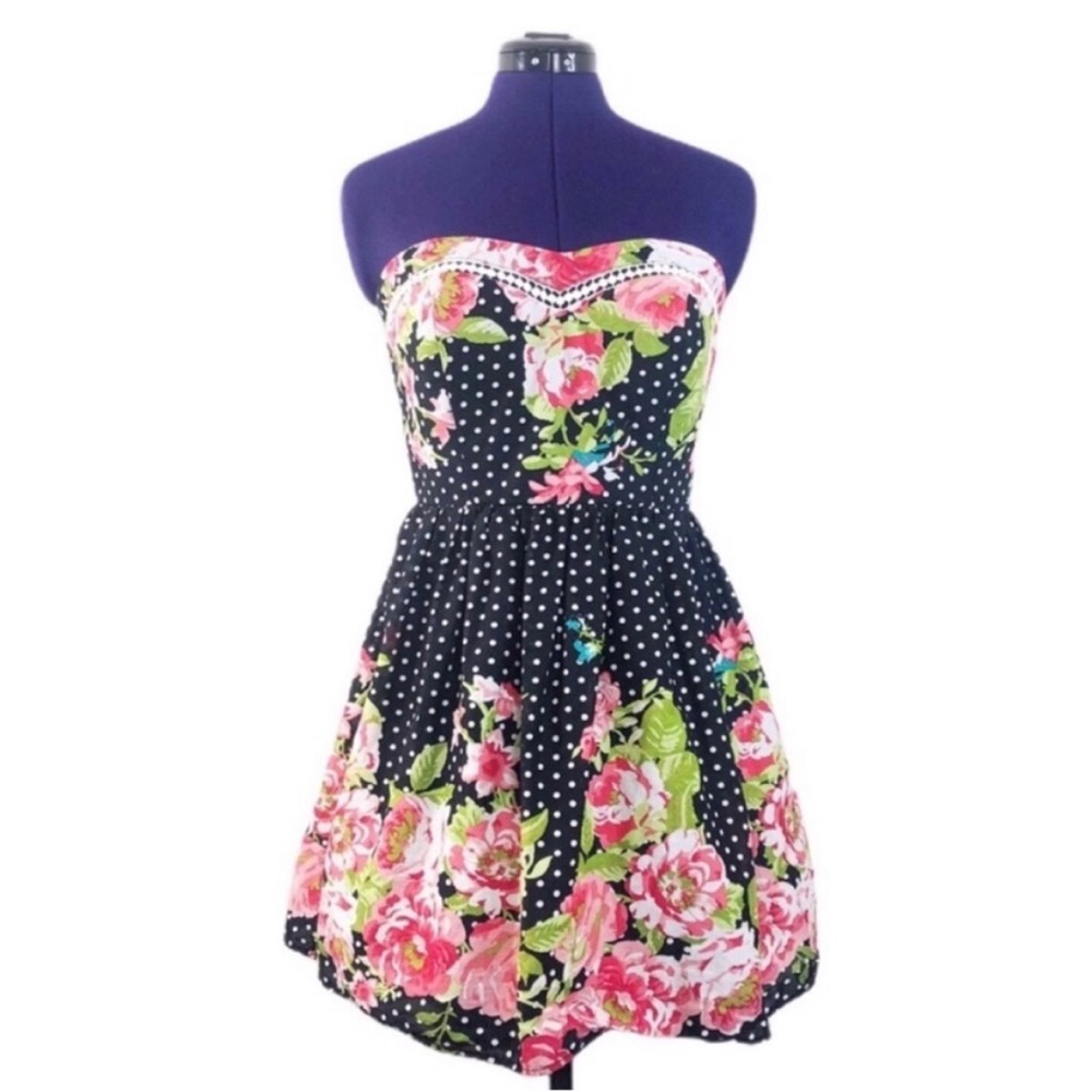 Floral Polka Dot Strapless Mini Dress Retro Rockabilly Style Pinup - Picture 1 of 9
